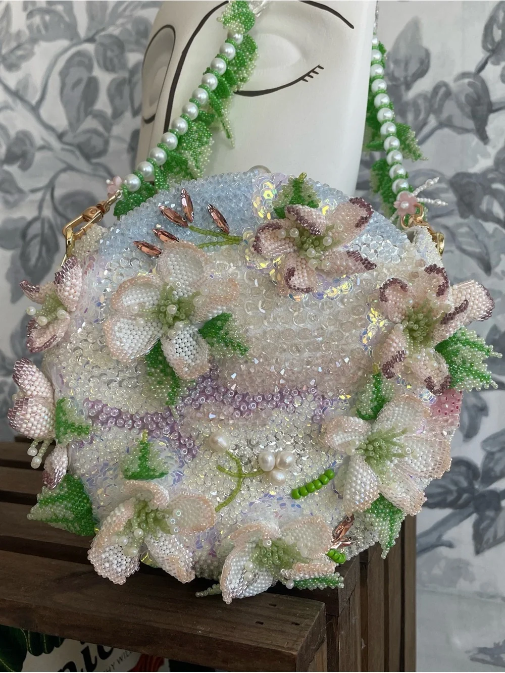 Handcrafted White & Green Floral Beaded Evening Clutch